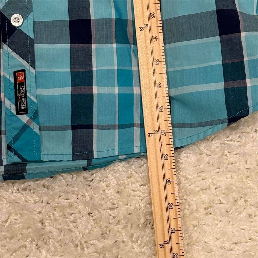 Southpole Mens Plaid Button Shirt L Blue Teal Short Sleeve Streetwear Casual - Picture 10 of 10